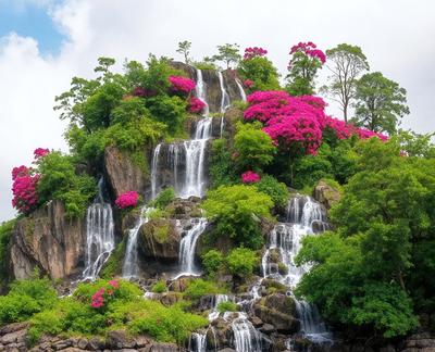 The primary subject of the image is a beautiful waterfall surrounded by lush greenery. The waterfall is located on a hillside, and the surrounding area is filled with trees and flowers. The setting is a natural environment, with the waterfall as the main focus. The visual style of the image is a photo, capturing the vibrant colors and details of the waterfall and its surroundings. The colors and mood of the image are lively and serene, with the vibrant pink flowers and greenery adding a sense of freshness and tranquility to the scene.